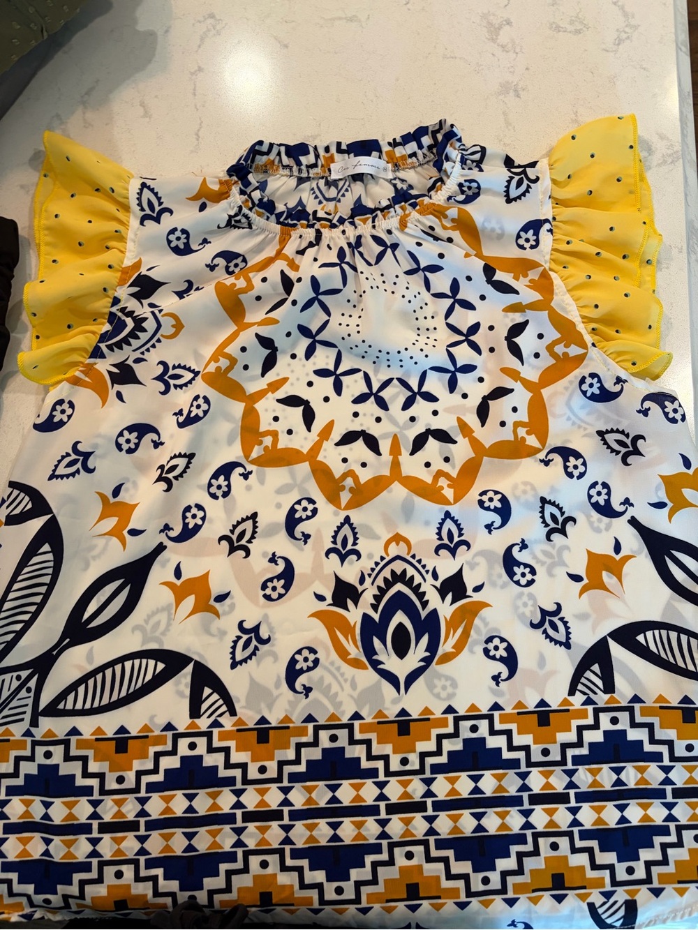 Women's Yellow & Navy Mosaic Flutter Sleeve Top
